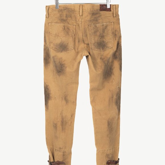Ralph Lauren Tan Distressed Cotton Leather-Trim Jeans - Picture 2 of 13